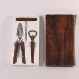 Teak wooden bottle opener, corkscrew and nutcracker set