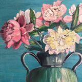Antique painting, oil on panel, bouquet of peonies