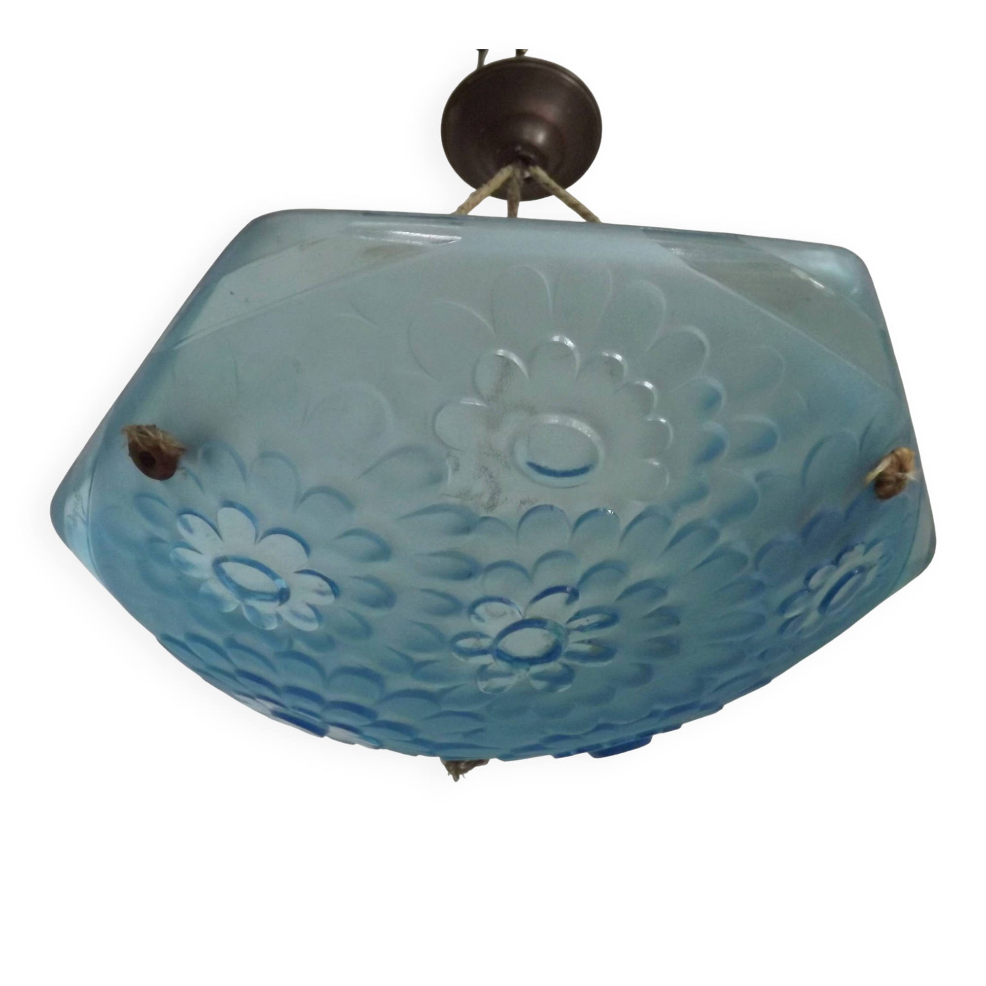 French Art Deco Degué Ice Blue Hexagonal Glass Pendant Ceiling Light