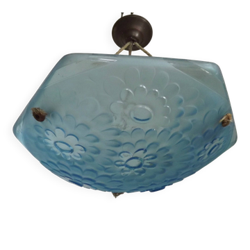 Lustre en verre hexagonal bleu glace Degué Art Déco français