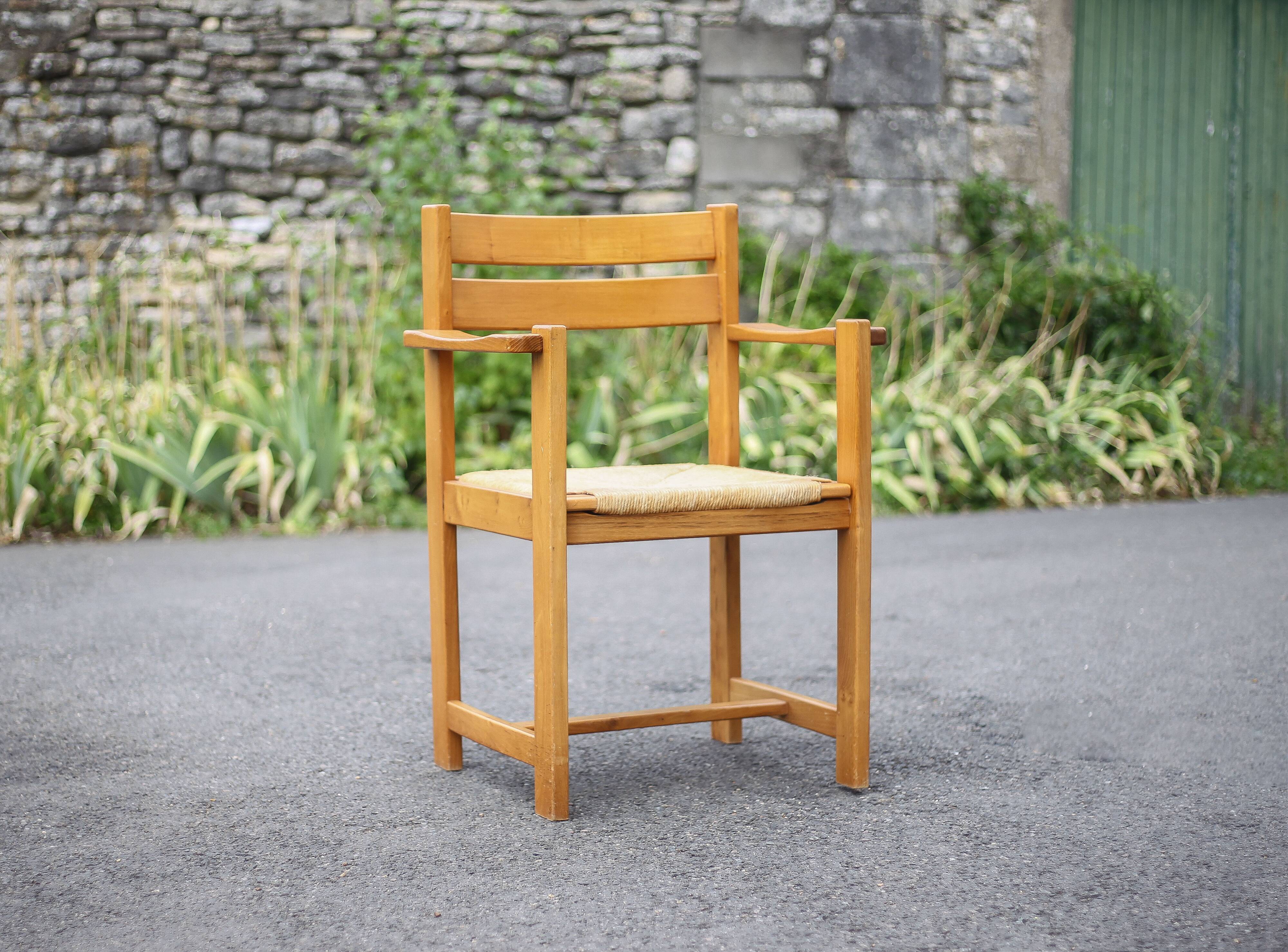 Vintage armchair, elm wood armchair Maison Regain, vintage straw chair.