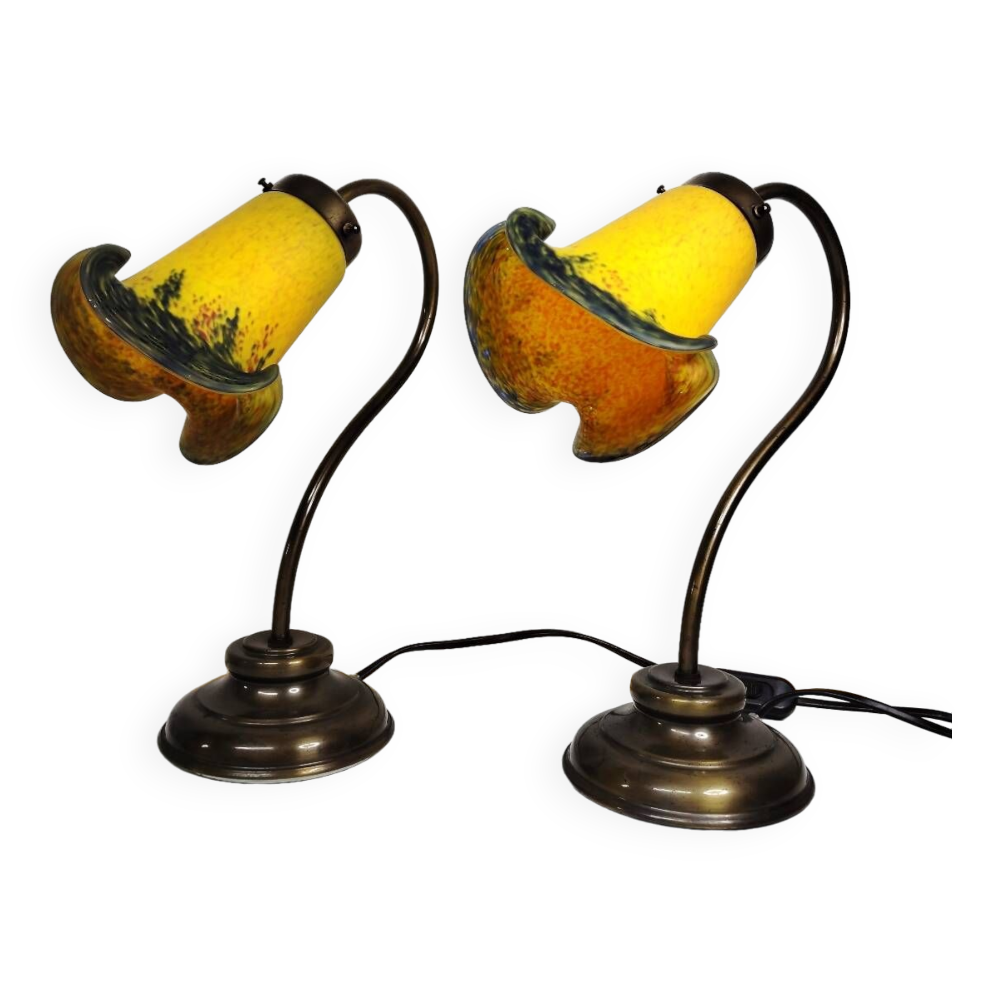 Pair of tulip swan neck bedside lamps in glass paste