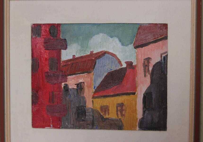 Original mid-century Swedish oil on panel – “House Facades” by A. Wistrand – dated 1946 – vintage & framed – 42 × 39 cm