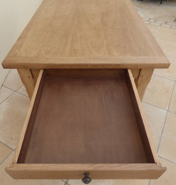 Solid oak farmhouse table with 2 large drawers and brass knobs - Fully restored