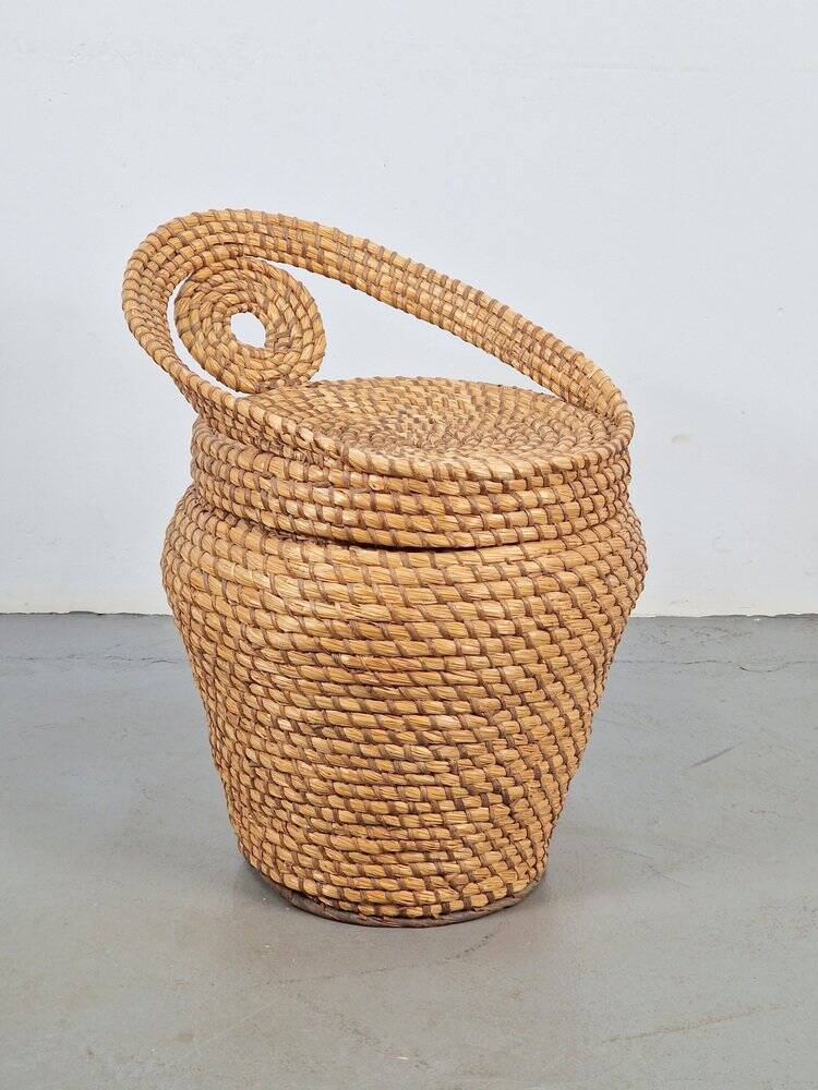 Vintage Straw and Wicker Stool with Storage Basket, 1960s