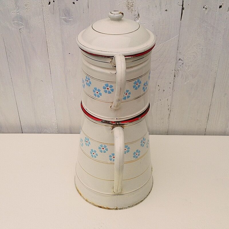 Cafetière émaillée blanche fleurs vintage