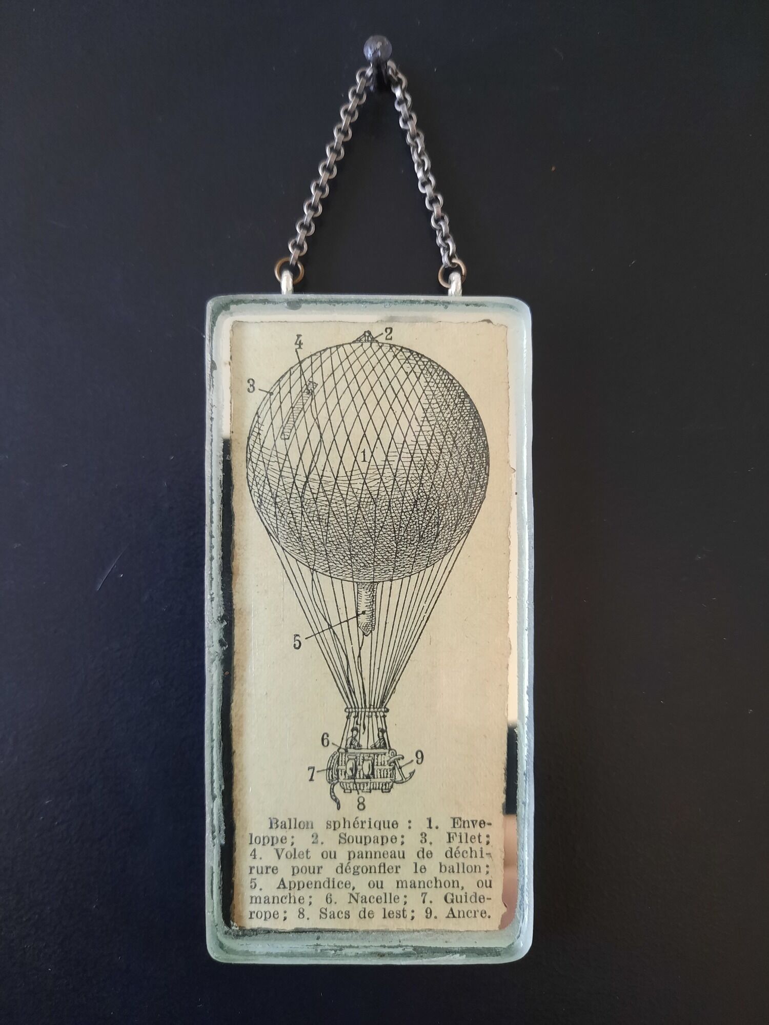 Old illustration "Spherical balloon"/ Hot air balloon, inserted under mirror. Cabinet of curiosity.