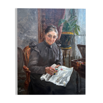HST painting "Family portrait: the embroiderer" signed Marolles 19th century