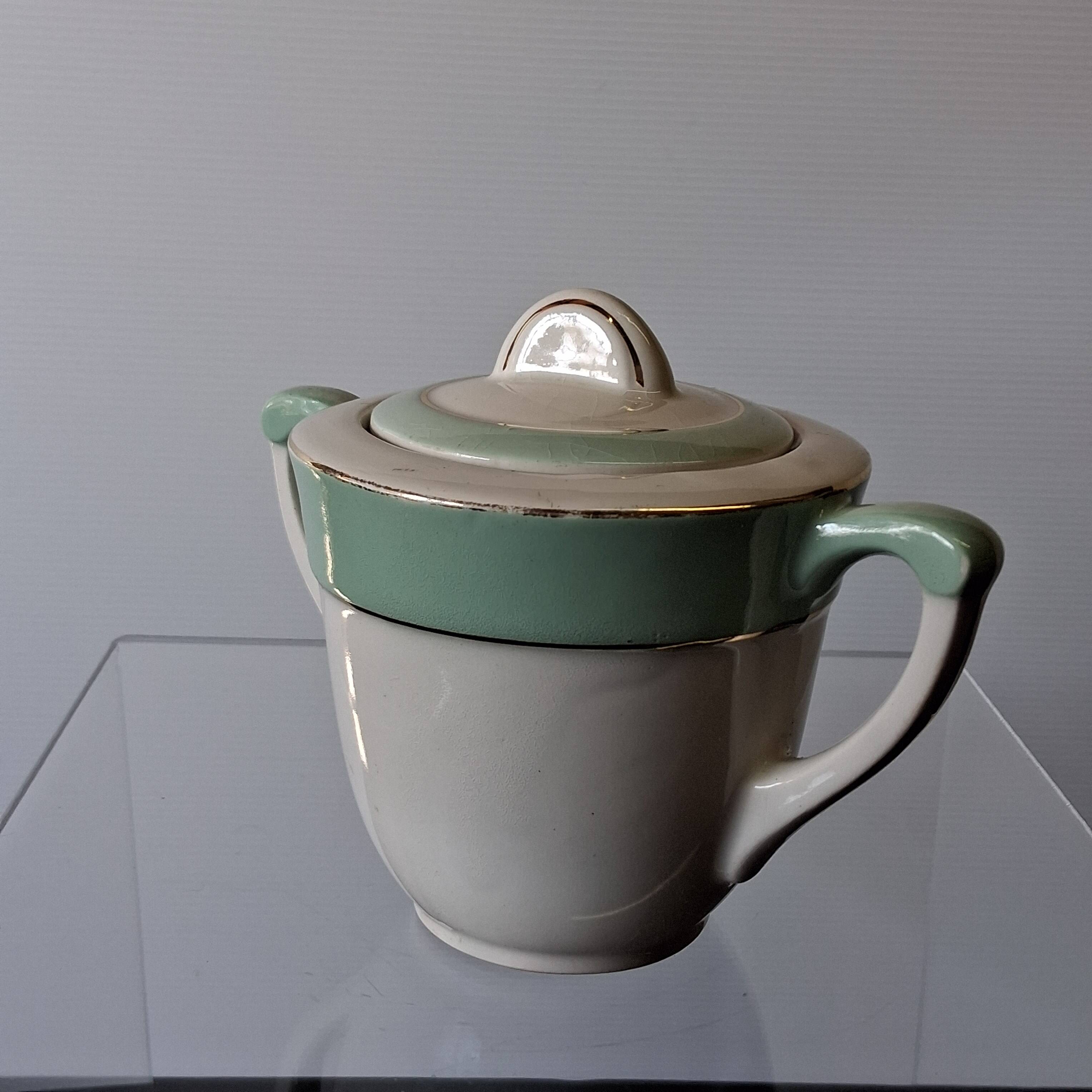 Old mint green sugar bowl from Moulin des Loups, model "Gondé", in good condition.
