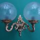Pair of large double-light wall sconces in vintage brass and glass