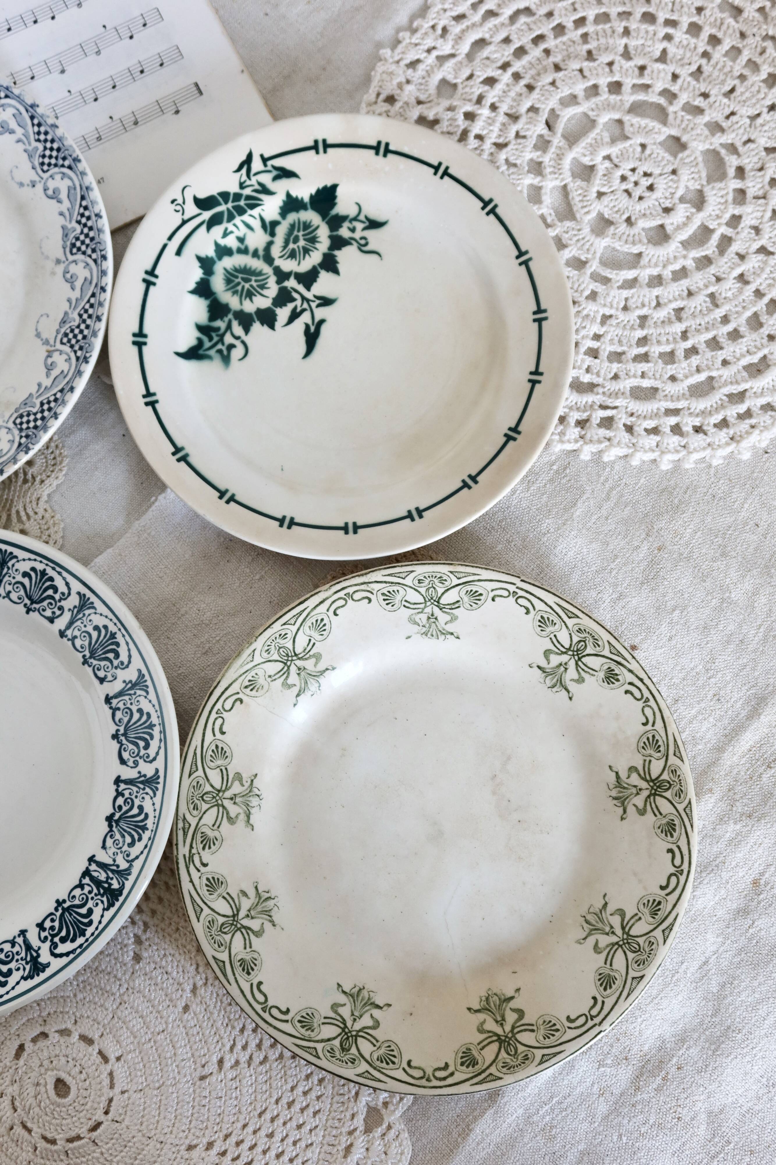 4 mismatched white and green ironstone dessert plates Arabesque set
