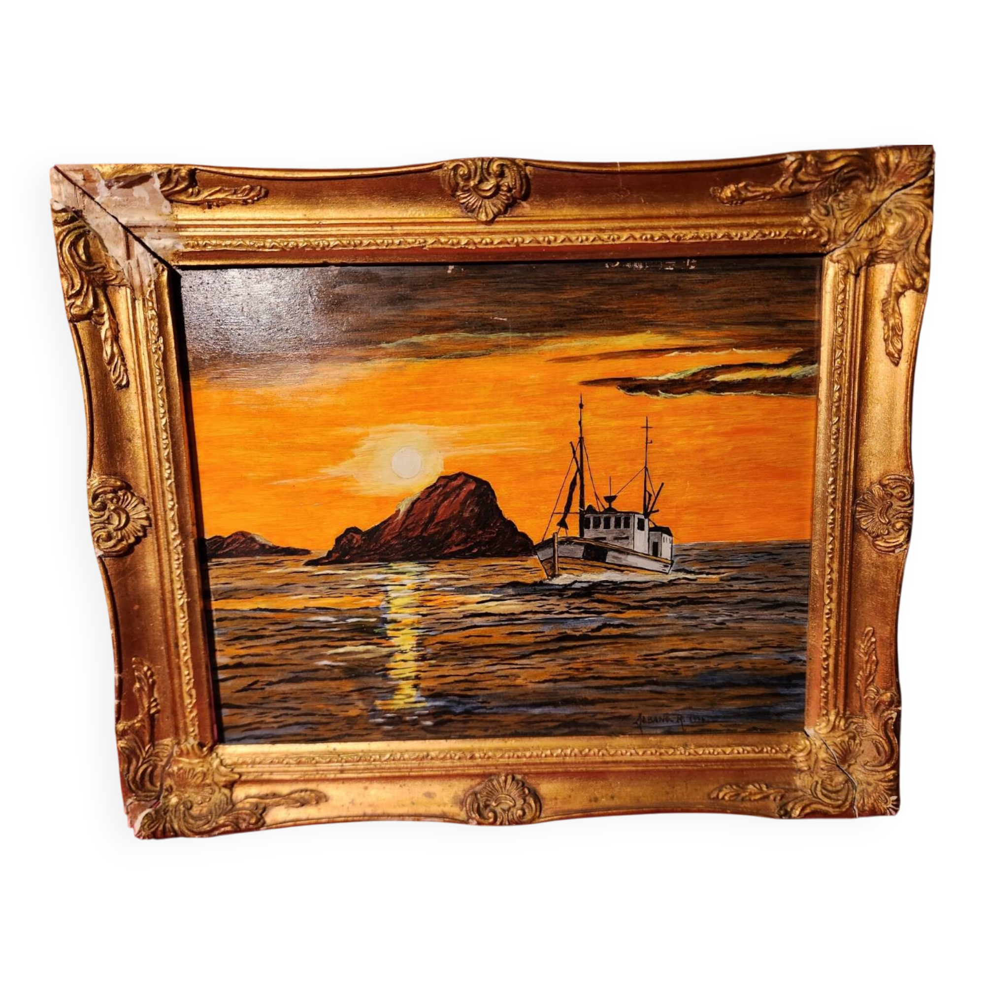 Painting Fishing in the Moonlight Acrylic on panel Roger Albano signed