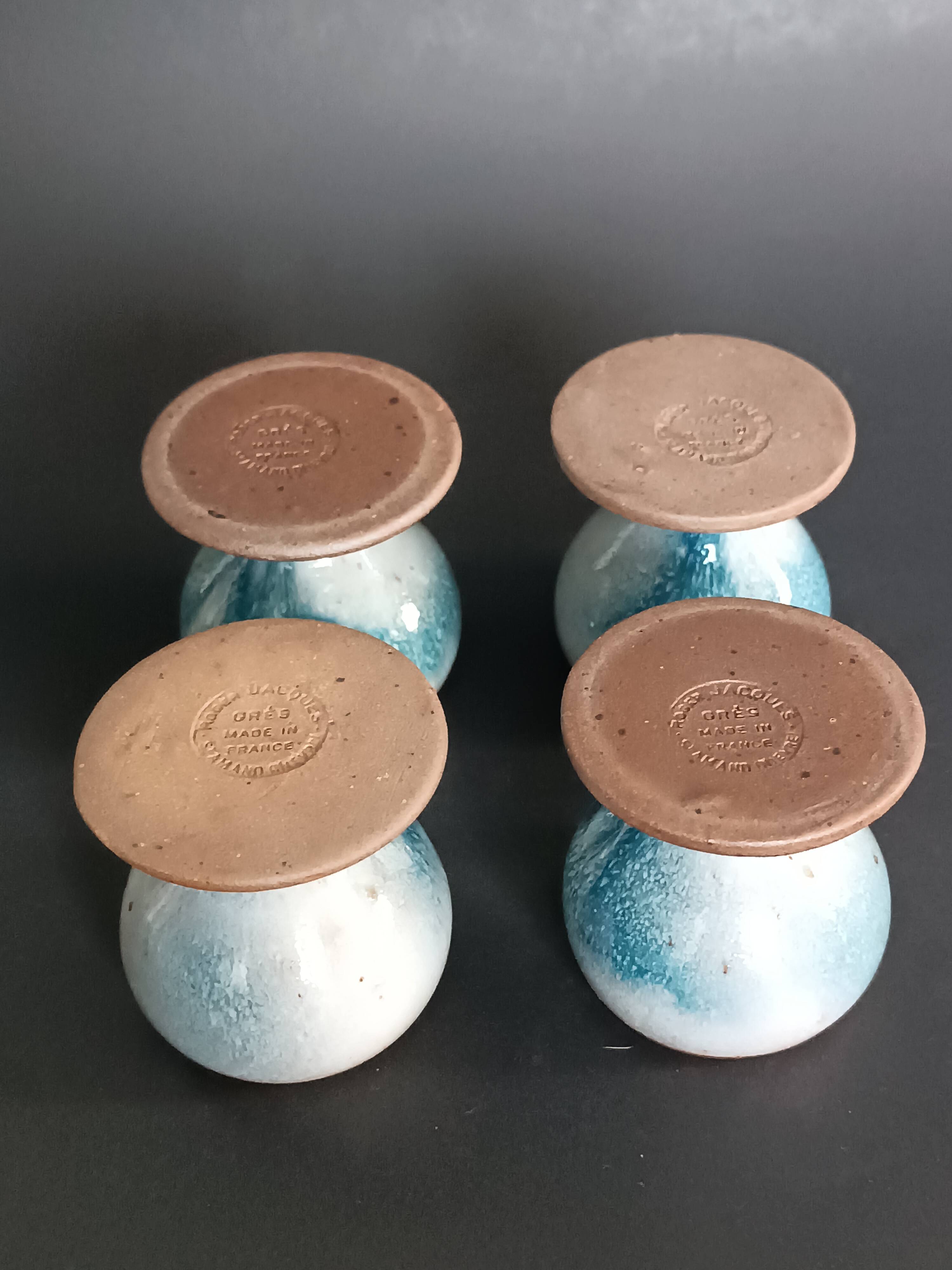 Four stoneware egg cups from Saint Amand pottery by Roger Jacques, vintage.