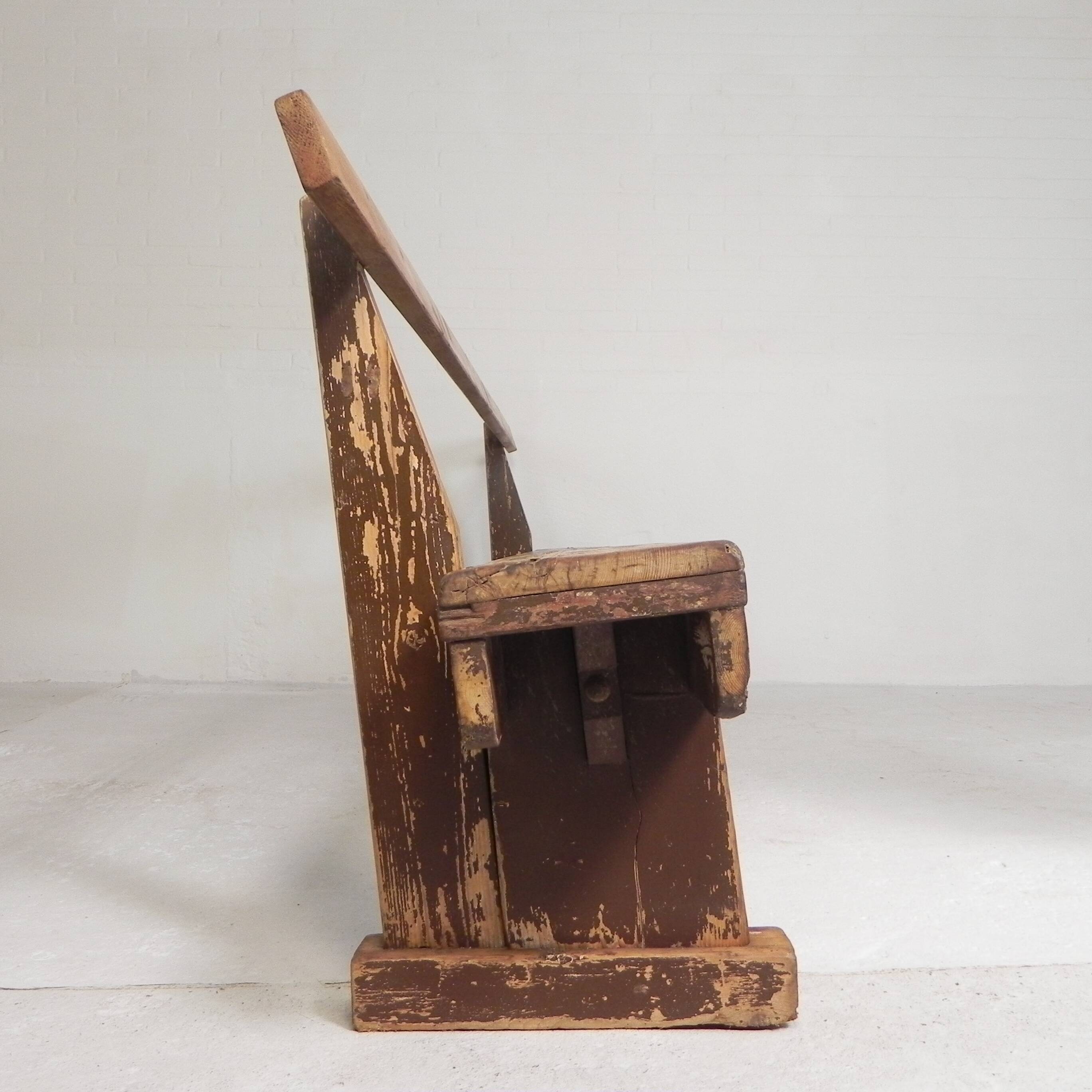 Pine bench with backrest, 2.5 metres long, 1950s.