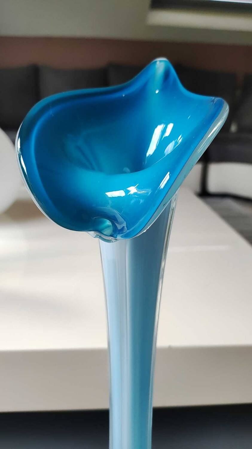Murano Calla Vase. Floral form of Arum Flower. Blue tones. High 41 cm