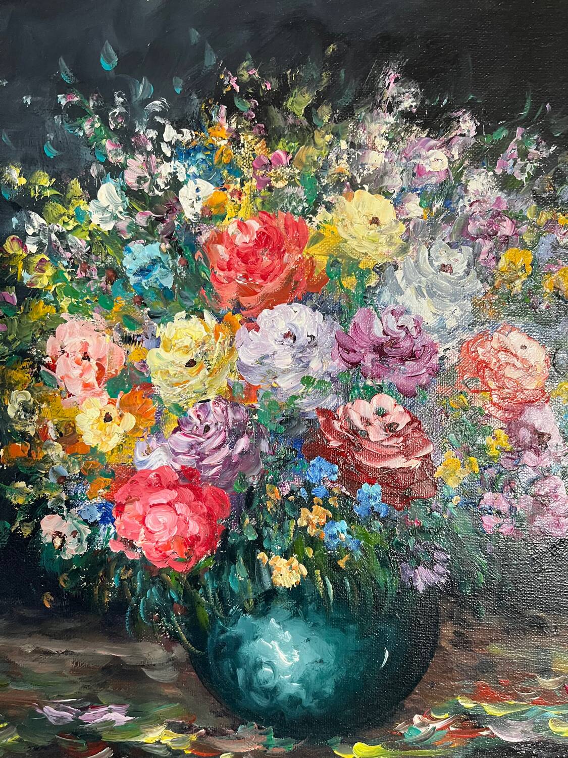 Framed bouquet of flowers, oil on canvas signed R Mogisse.