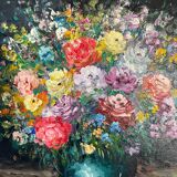 Framed bouquet of flowers, oil on canvas signed R Mogisse.