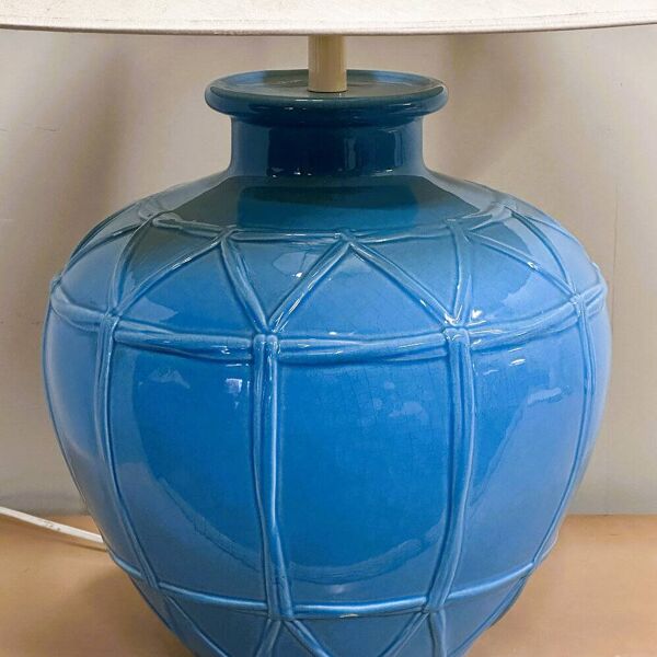 Lampe en céramique française Louis Drimmer – base émaillée bleue, années 1980, France