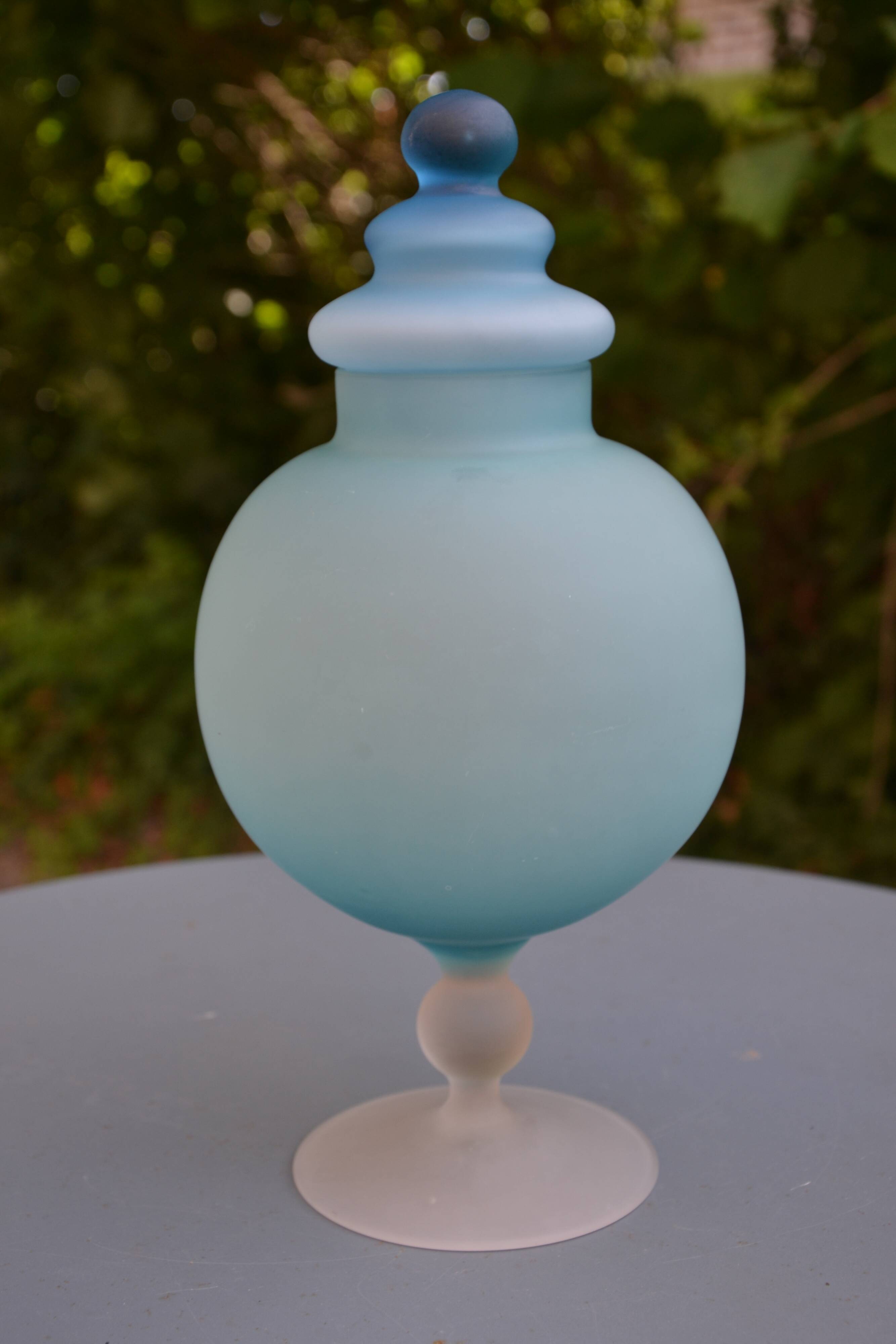 Blue frosted glass bottle/vase on foot