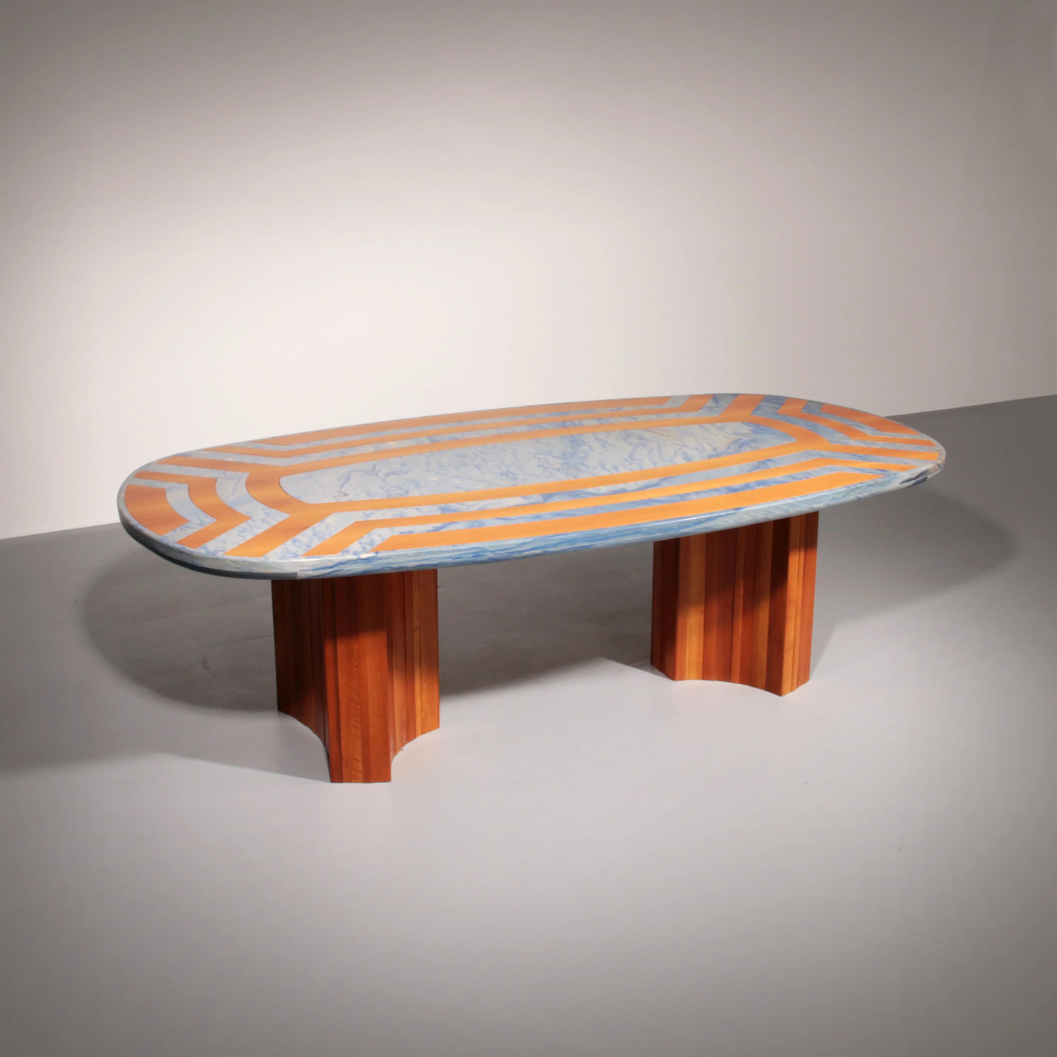 Exquisite blue Brazilian marble tabletop with hand-inlaid wood