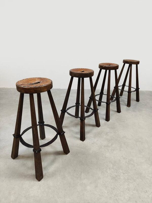Tabourets de bar vintage en cuir espagnol « Brutalisme »