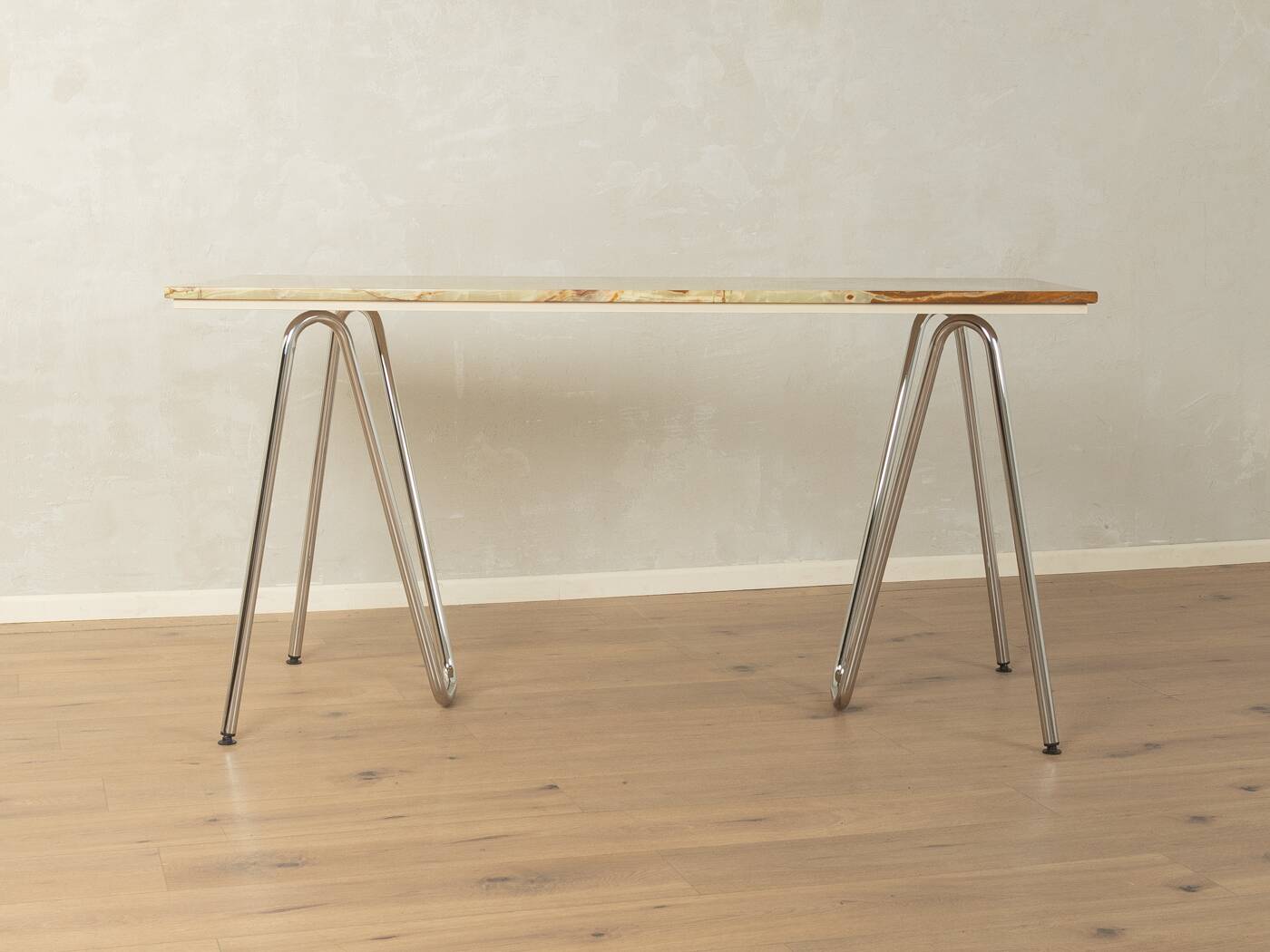 Unique desk from the 1970s with onyx marble top and stainless steel 'Grasshopper' legs