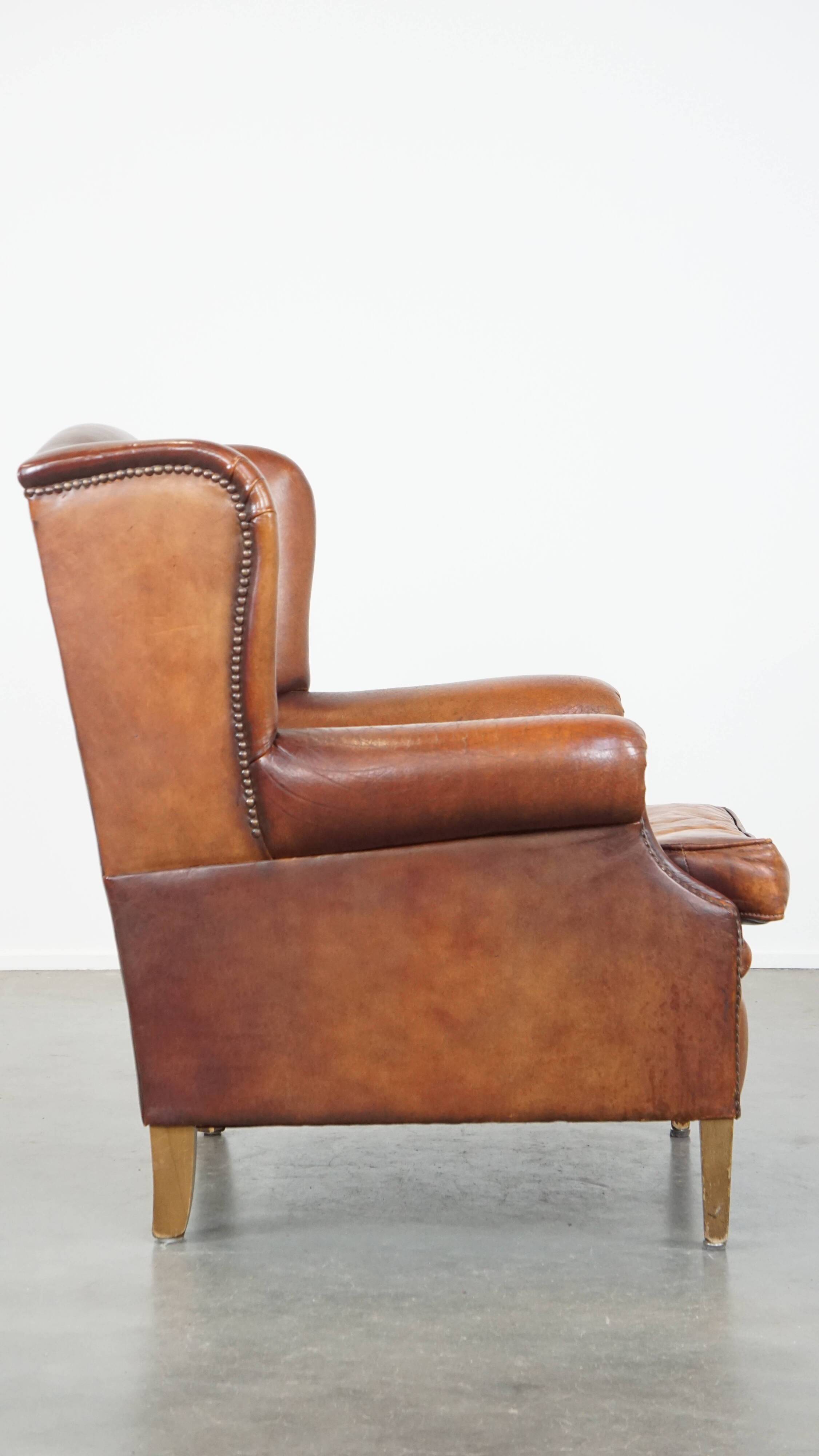 Vintage English-Style Sheepskin Leather Wingback Armchair