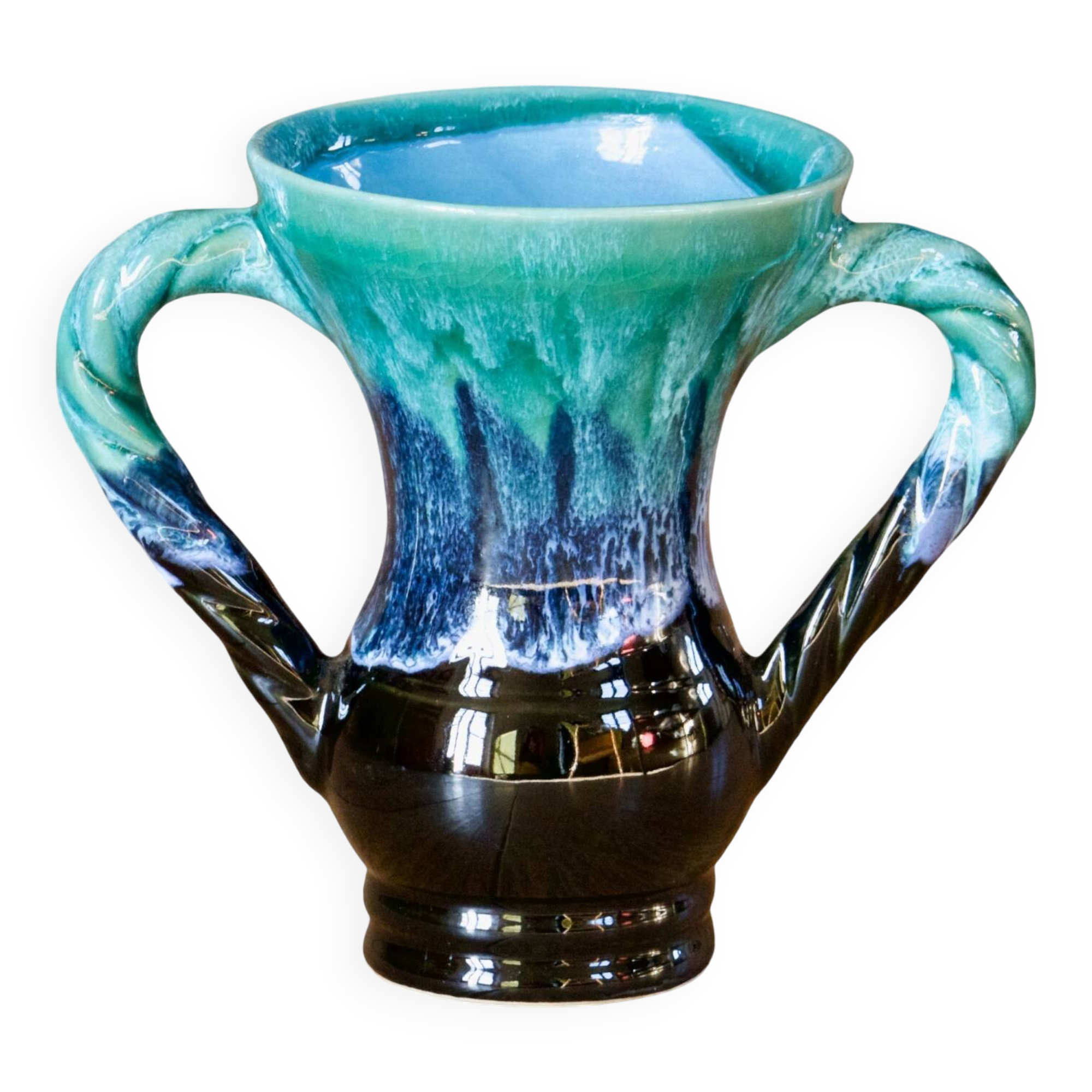 Ancient amphora vase in turquoise glazed stoneware.