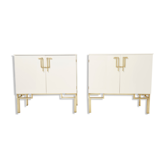 Pair of Guy Lefèvre brass lacquered bar cabinets for Maison Jansen 1970