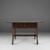 Table console espagnole ancienne en chêne avec tiroirs fabriqués à la main, 18ème siècle