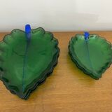 Set of 7 Vintage Green Leaf Shape Blown Glass Coupe Plates #C053