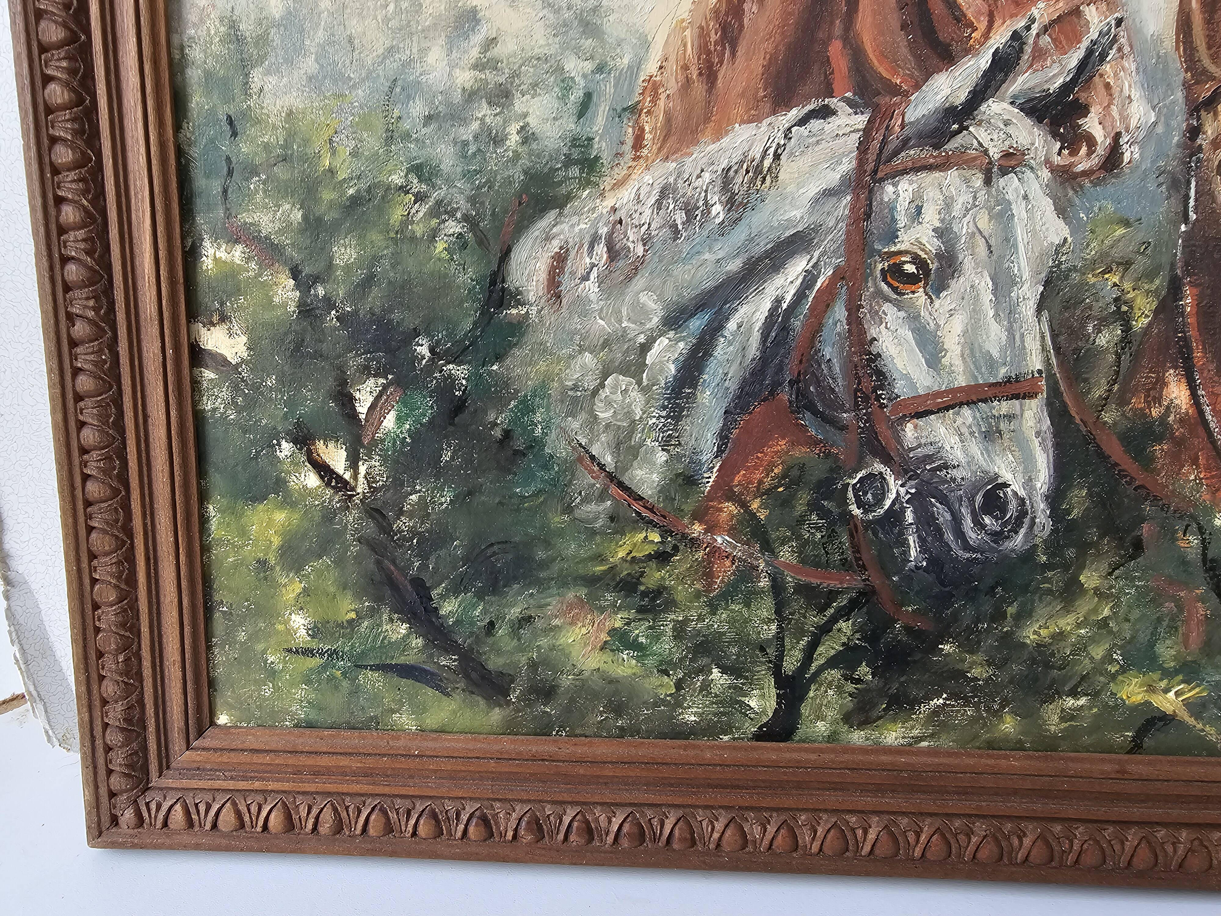 Oil painting on hardboard - Horses Signed SL (Signature to be identified)