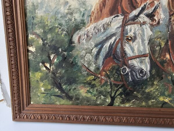 Tableau Huile sur Isorel - Chevaux Signé SL (Signature a identifier)