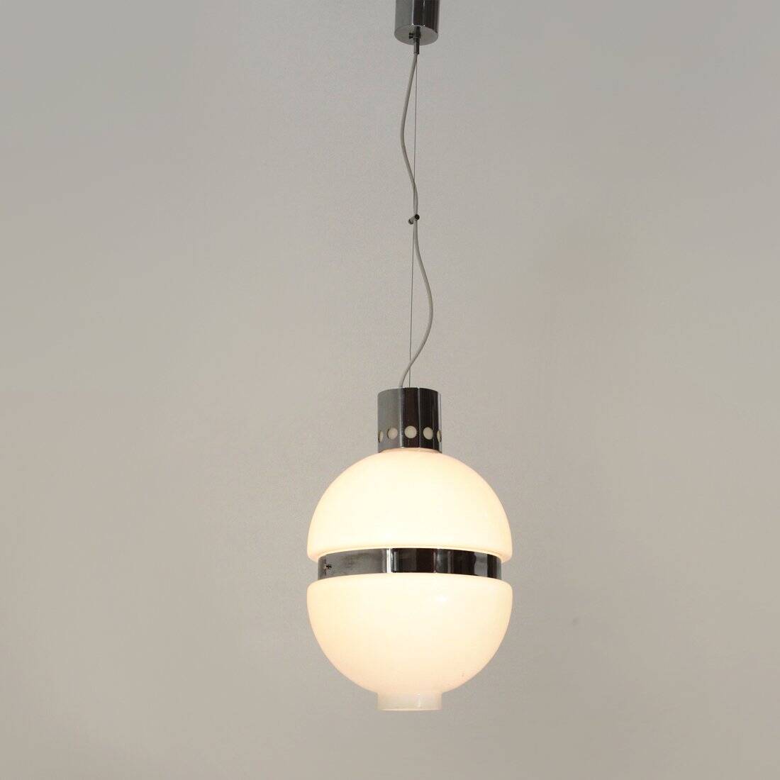 White glass and chrome metal chandelier, 1960s