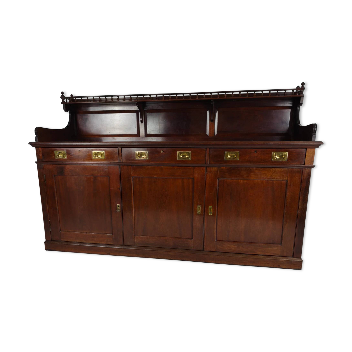 Early 20th-century English mahogany dresser / sideboard – brass campaign hardware