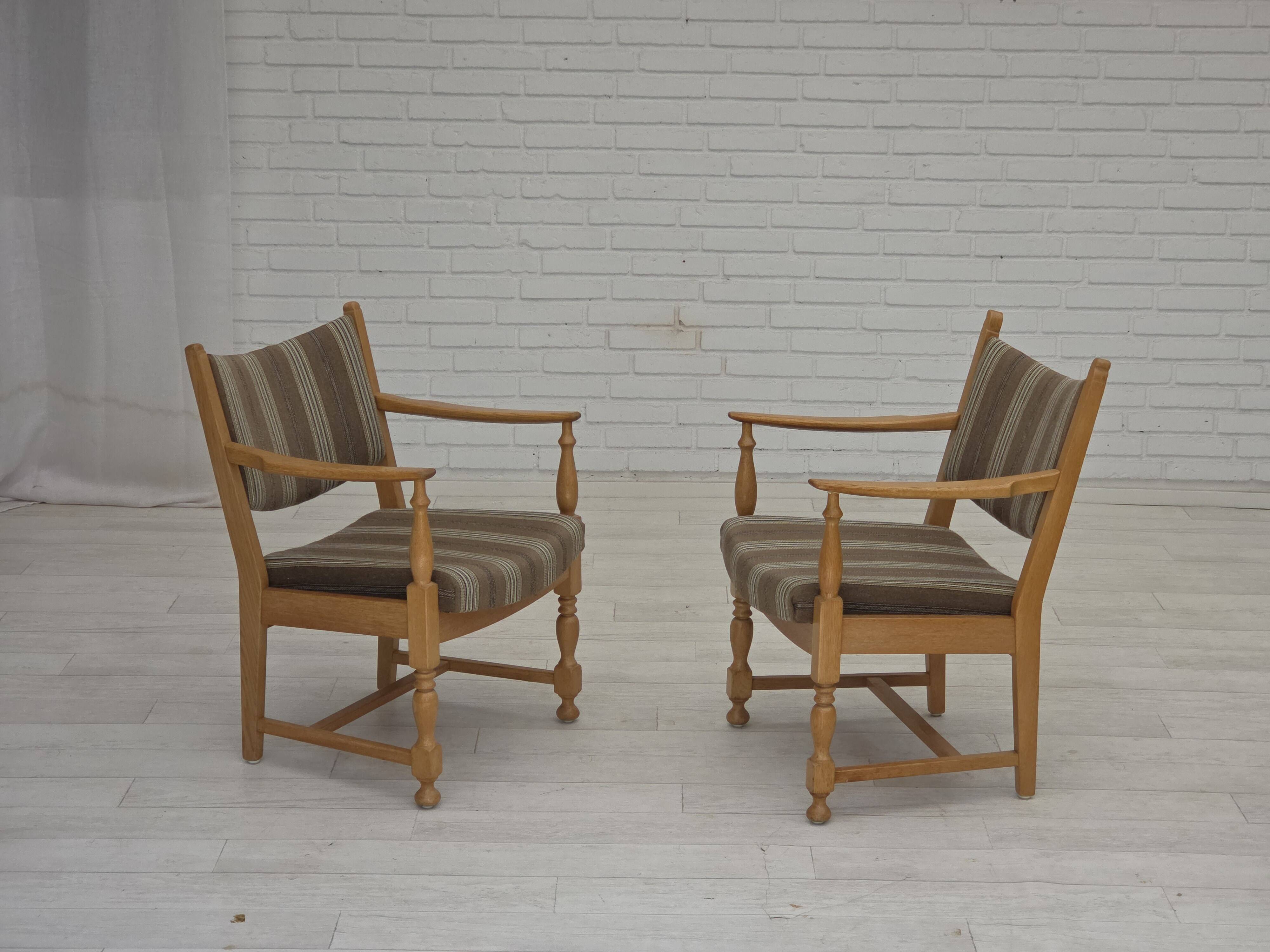 1970s, pair of Scandinavian armchairs, furniture wool, solid oak wood.