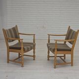 1970s, pair of Scandinavian armchairs, furniture wool, solid oak wood.