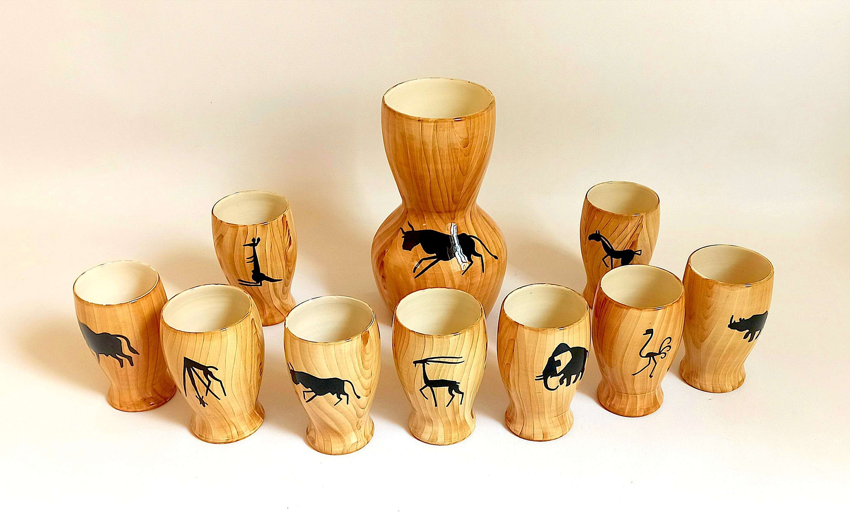 Service à orangeade 9 verres 1 pichet Grandjean Jourdan Vallauris thème Savane africaine Années 50