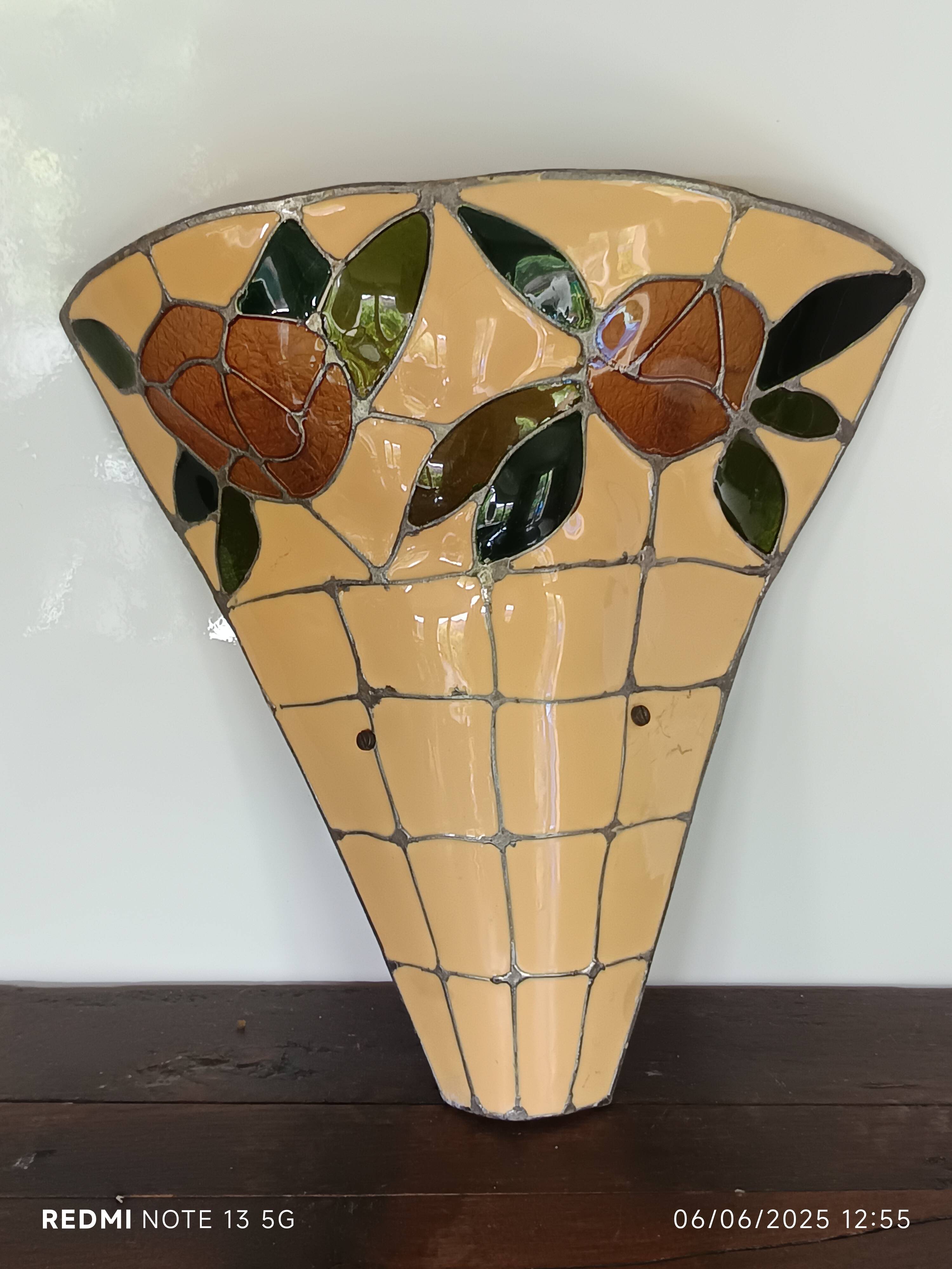 Stained glass and brass wall light from the 1970s