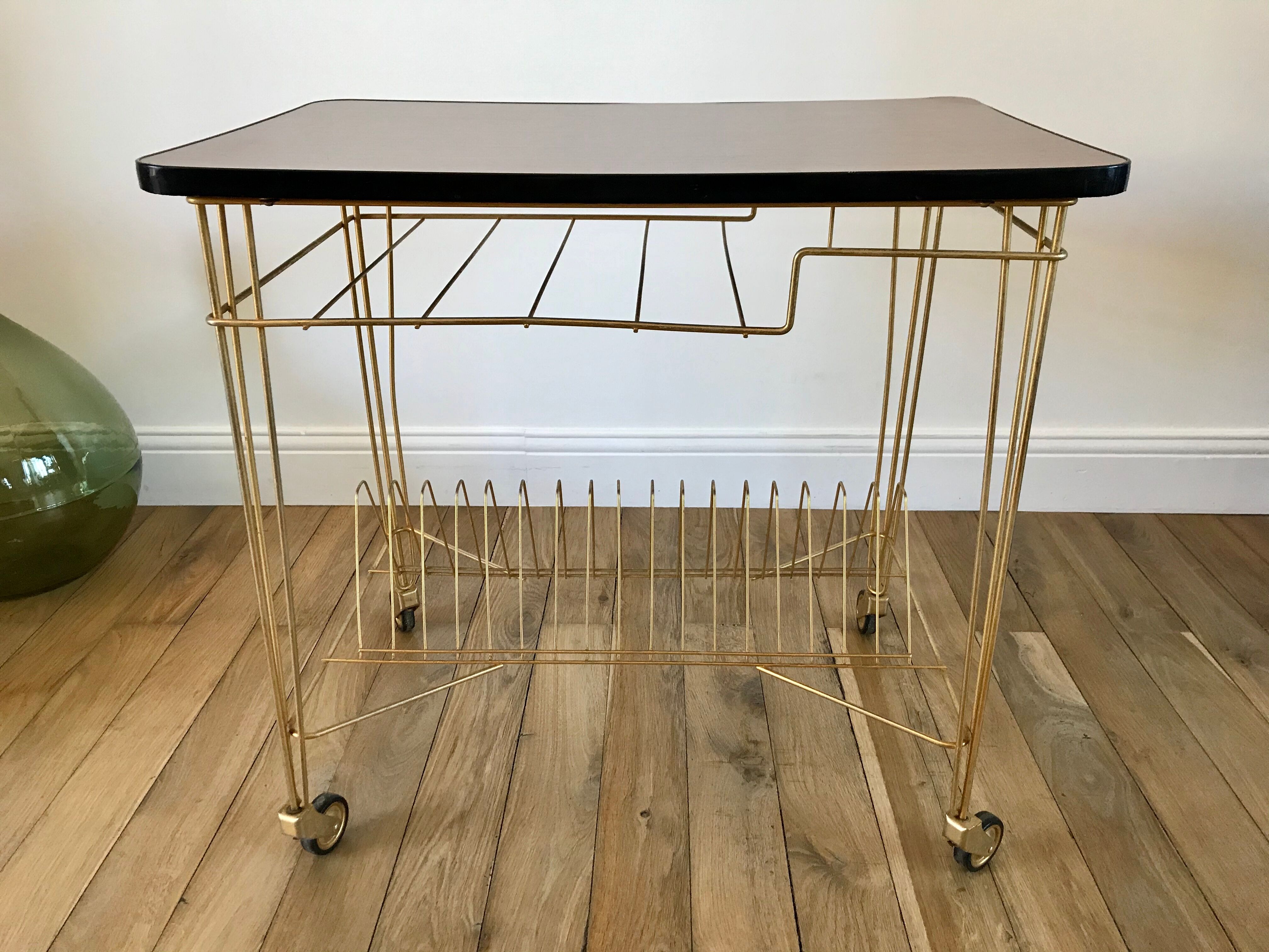 Rolling table vinyl row in formica and gold metal years 60-70