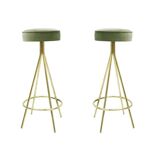 Midcentury Style Circular Brass and Cotton Velvet Italian Bar Stools