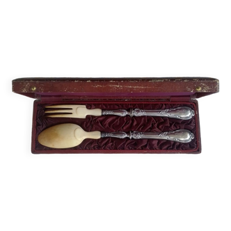 Old silver salad cutlery and horn