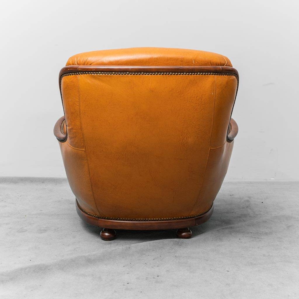 Pair of leather and wood armchairs 1950s vintage modernism