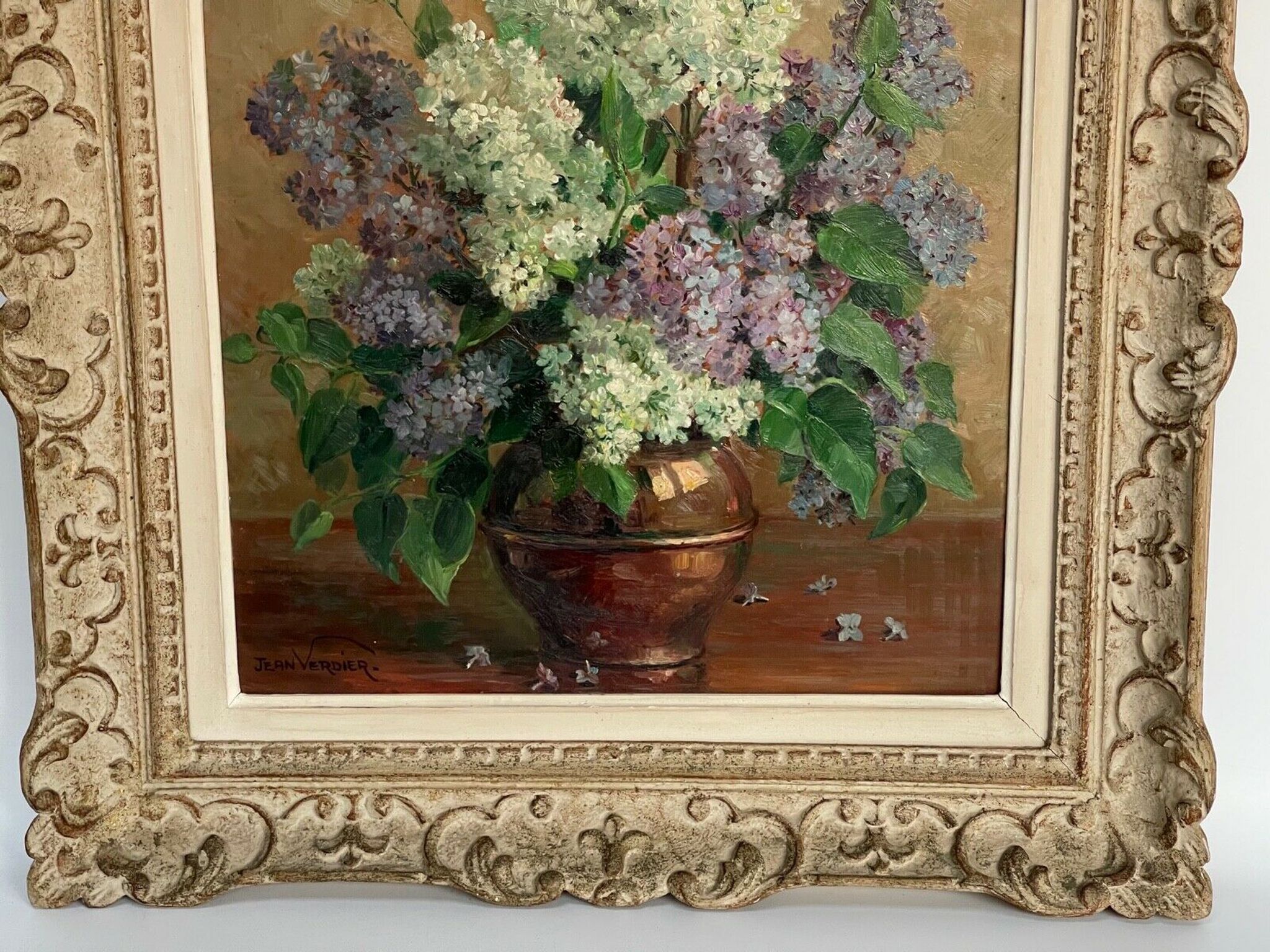 Oil still life bouquet flowers frame montparnasse Jean Verdier