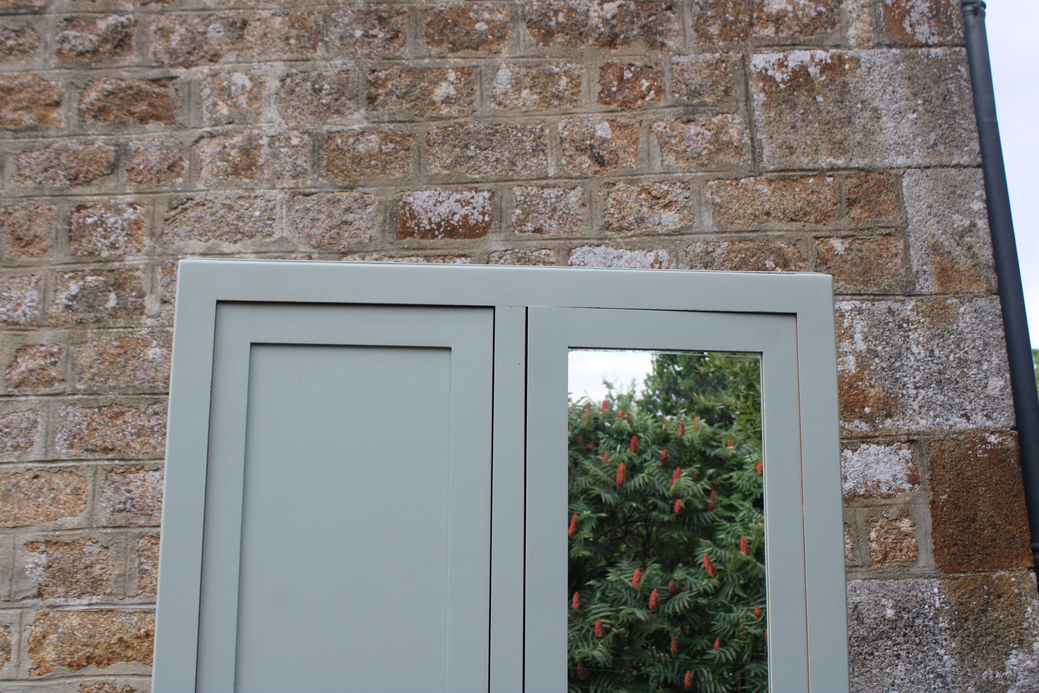 Vintage Parisian wardrobe in sage green – Mirror, hanging space and drawers