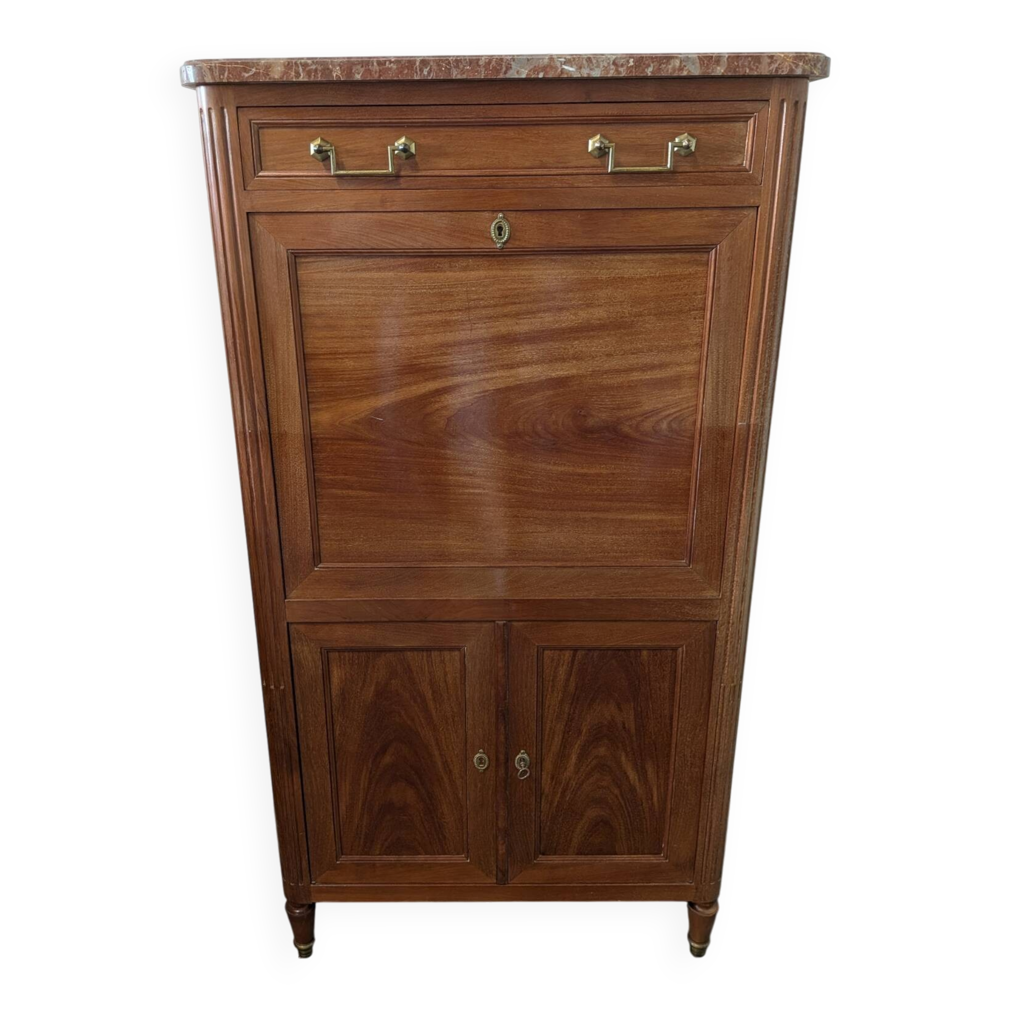 Secretary with a drop-leaf in Louis XVI style made of mahogany and royal red marble.