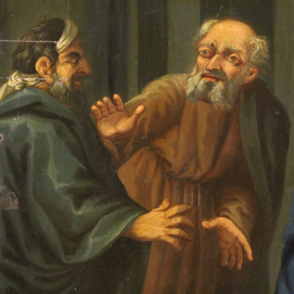 Peinture italienne à l'huile sur cuivre "Expulsion des marchands du temple"