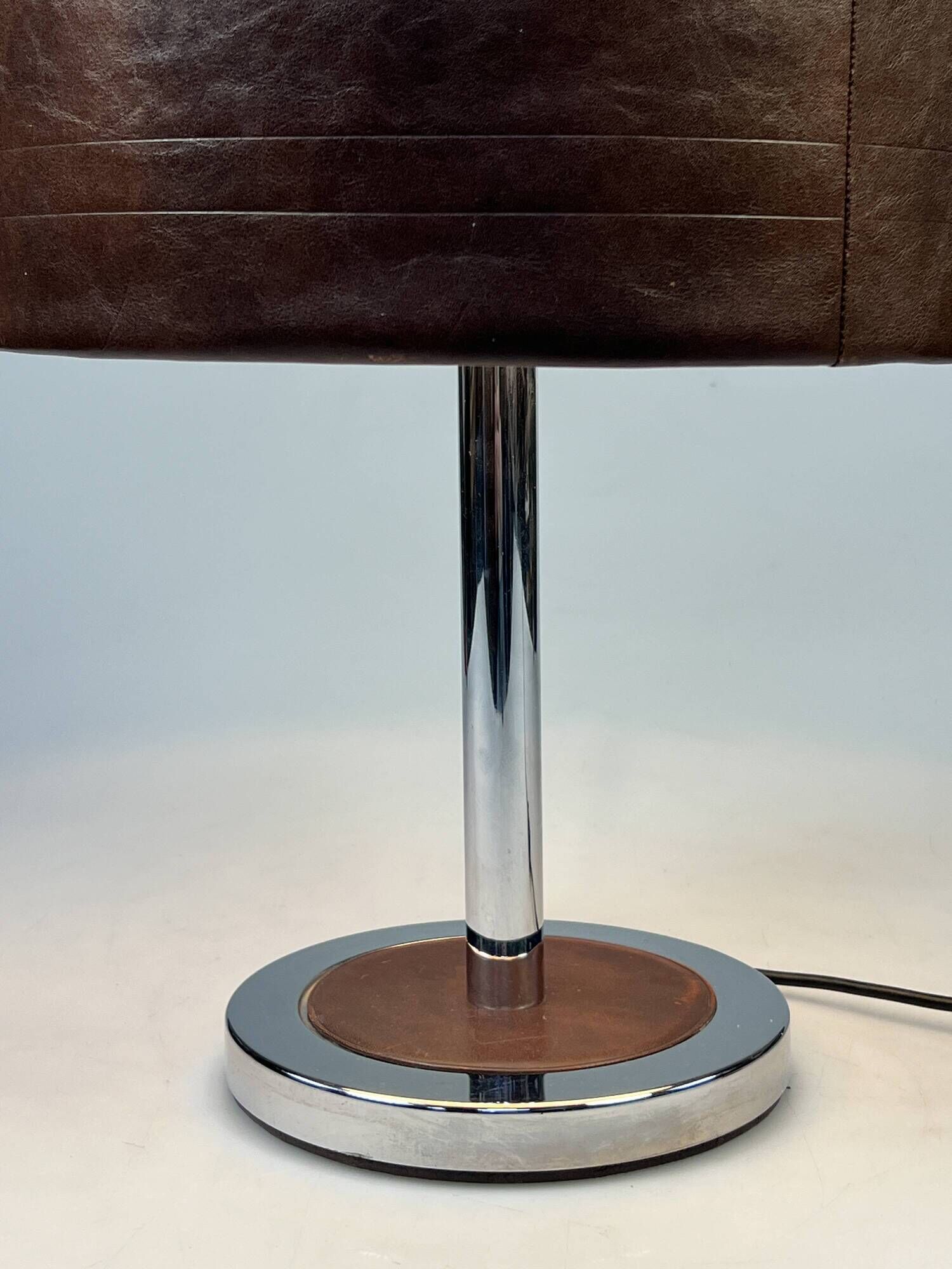 Vintage Table Lamp, Chromed Base and Leather Shade. 1970's