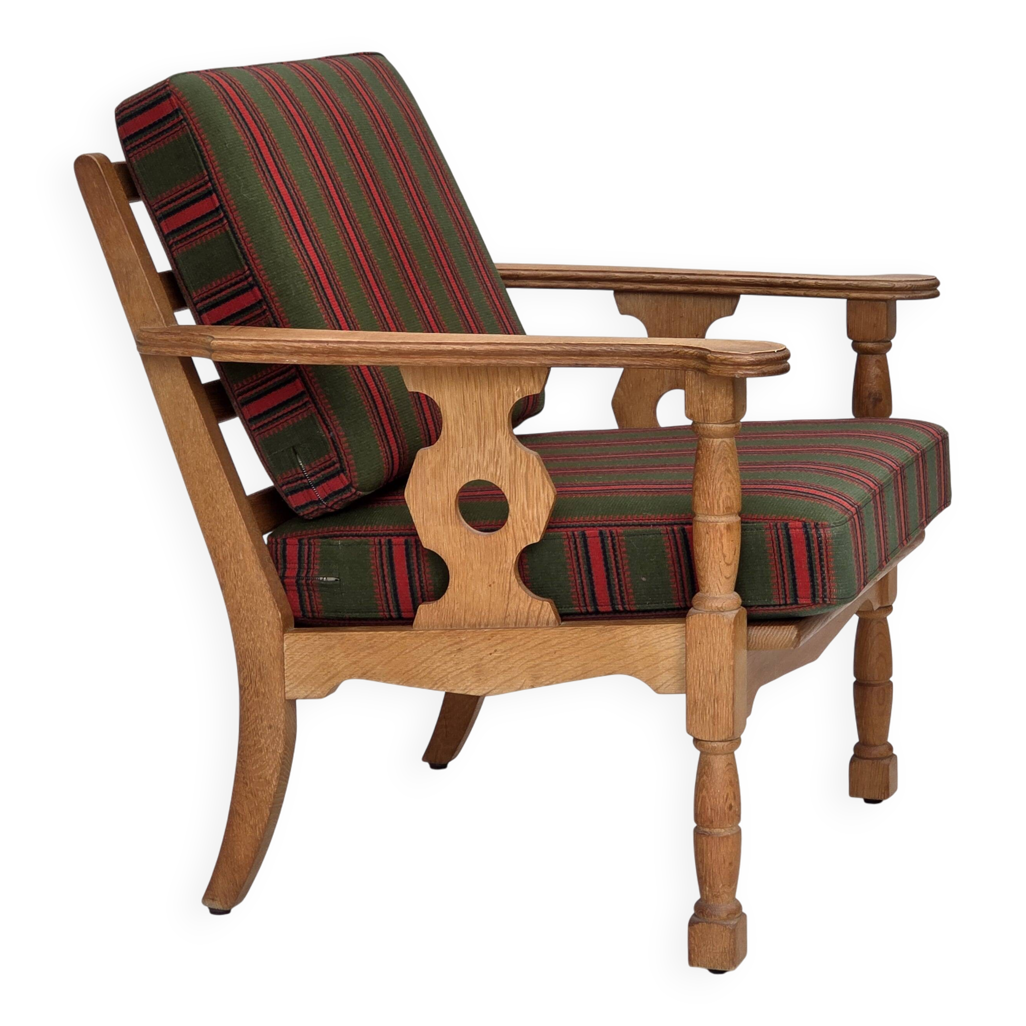 1970s, Danish armchair, green furniture wool, solid oak wood.