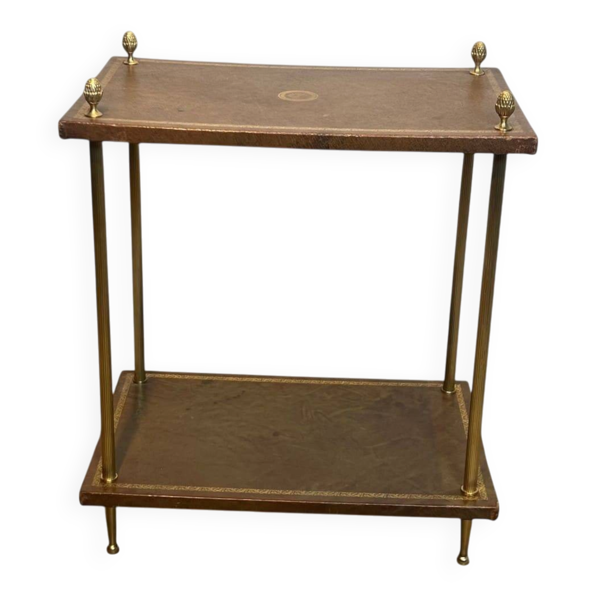 Double Tray Leather Sofa Table in Golden Tawny with Small Iron Details. Brass